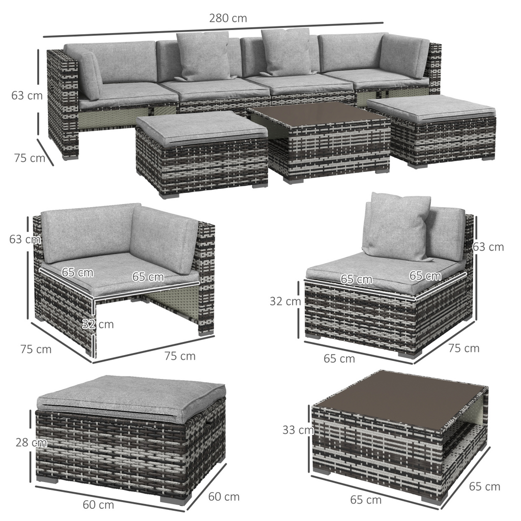 Outsunny 7 PCs Rattan Garden Furniture Set with Side Shelf, Stools, Table, Grey
