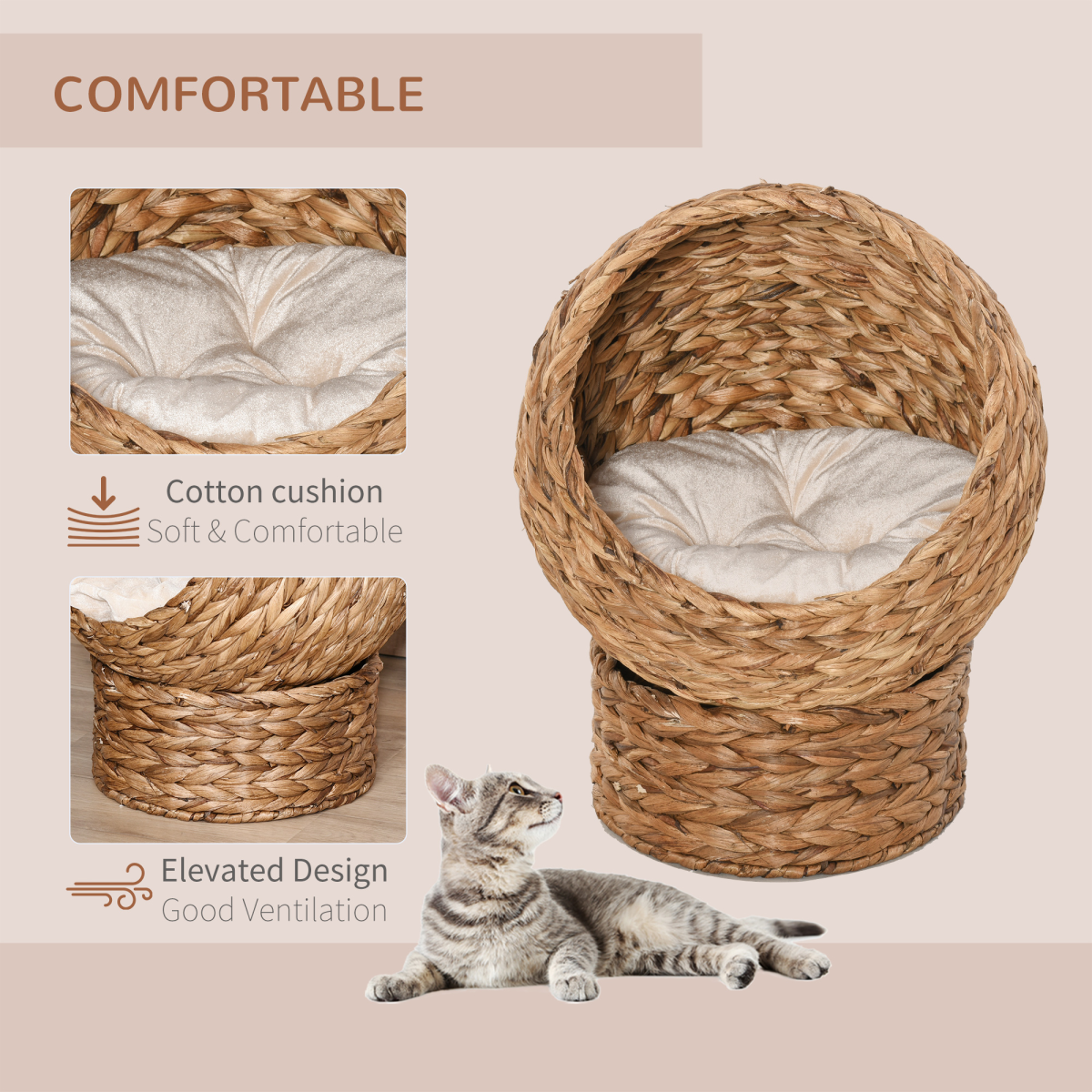 PawHut Elevated Kitten Hooded Rattan Cat House Basket Cushion, 52x42x60cm Brown