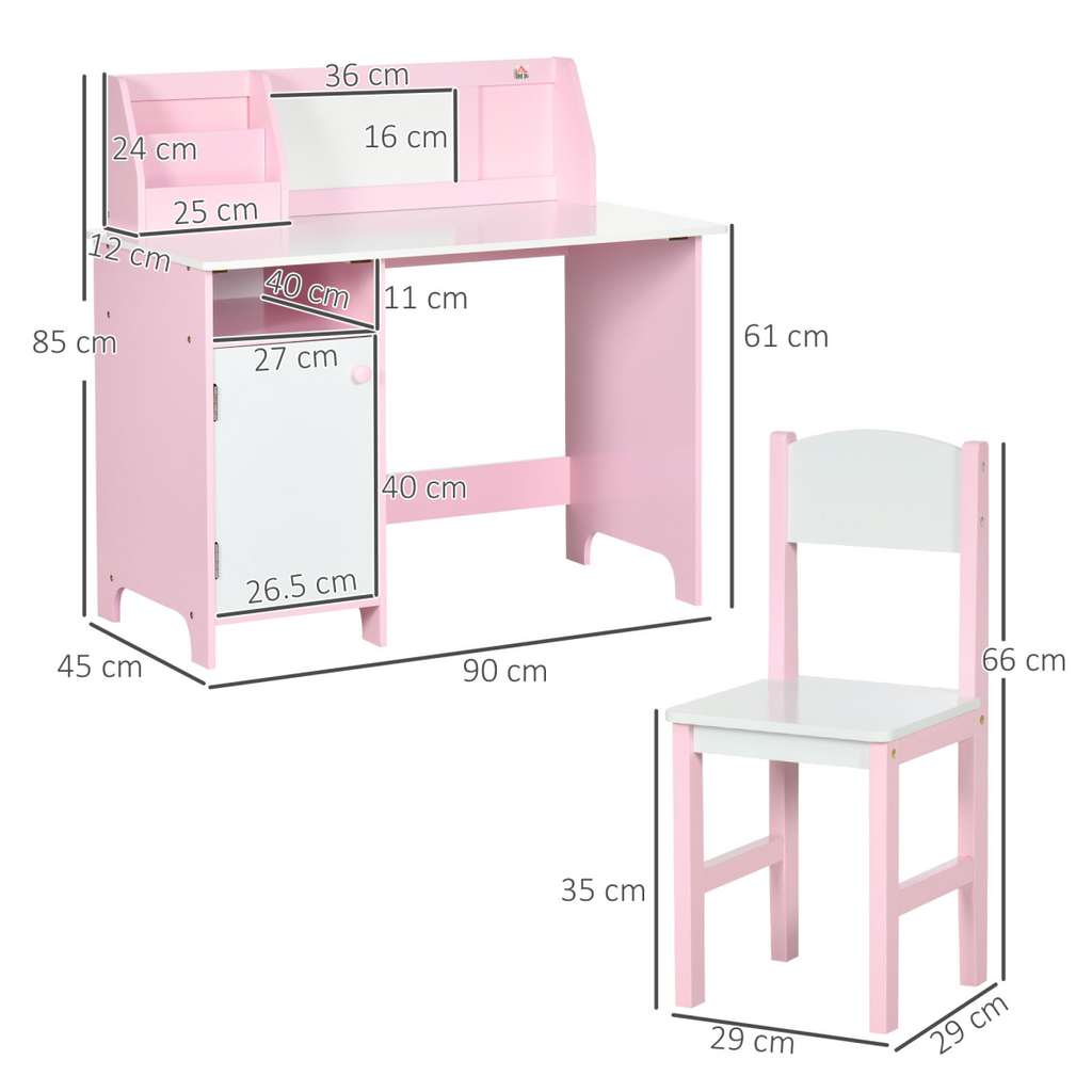 HOMCOM 2 PCs Childrens Table and Chair Set with Whiteboard Storage - Pink