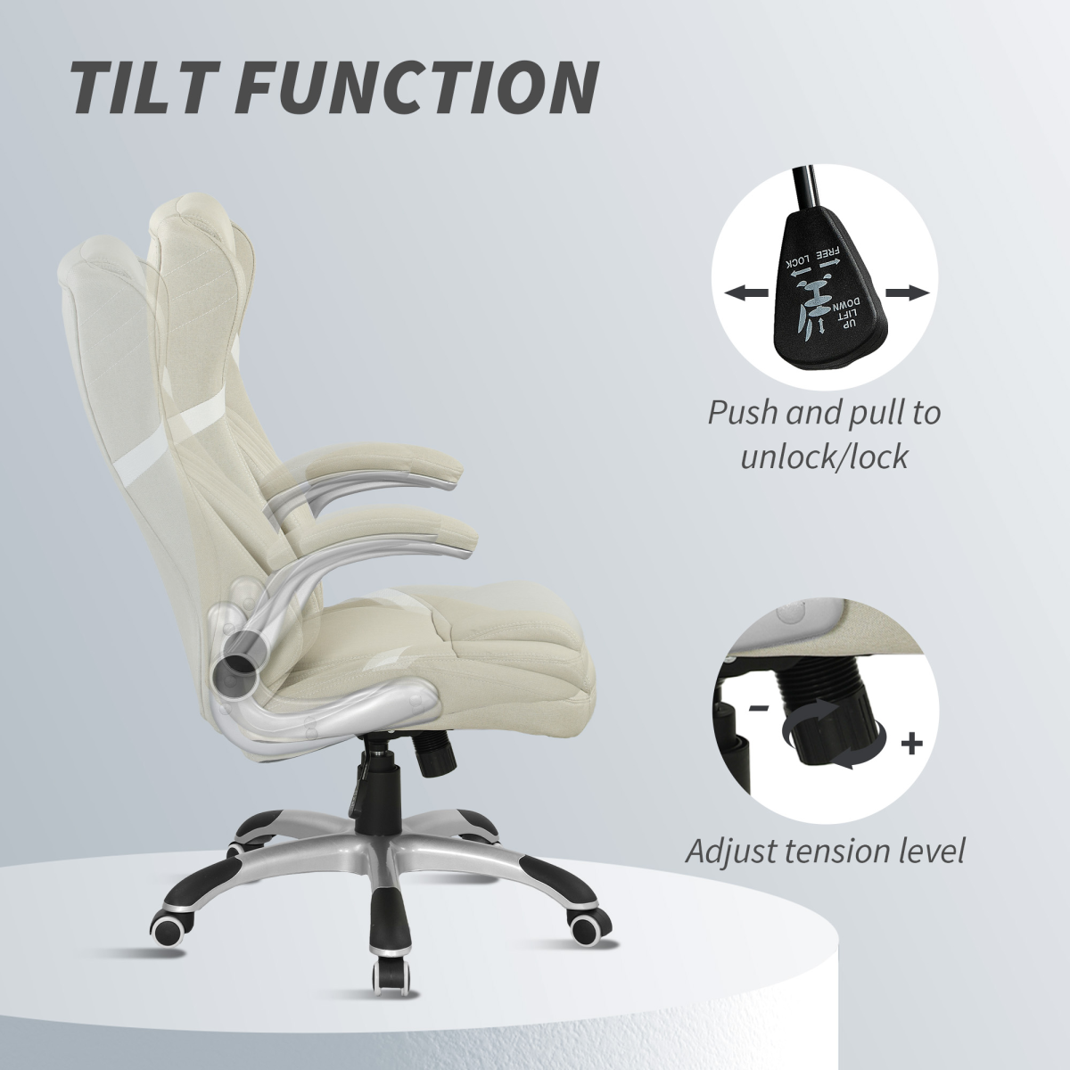 Beige High-Back Linen Office Chair with Flip-Up Arms