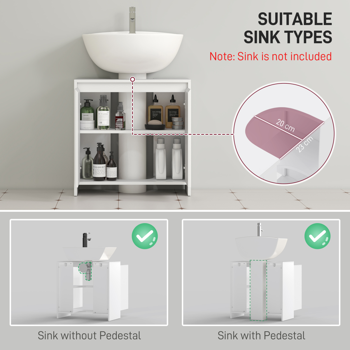 HOMCOM Freestanding Under Sink Cabinet with 2 Doors and Shelf, White