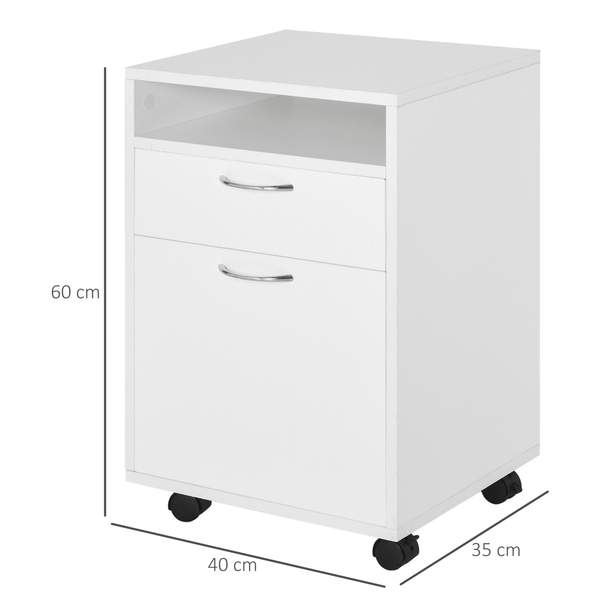 HOMCOM 60cm Storage Cabinet w/ Drawer Open Shelf Metal Handles 4 Wheels White