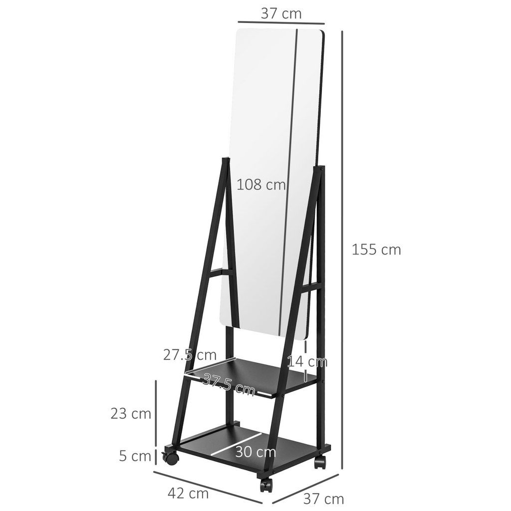 HOMCOM Movable Full Length Mirror Adjustable Full Body Mirror with 2 Shelves