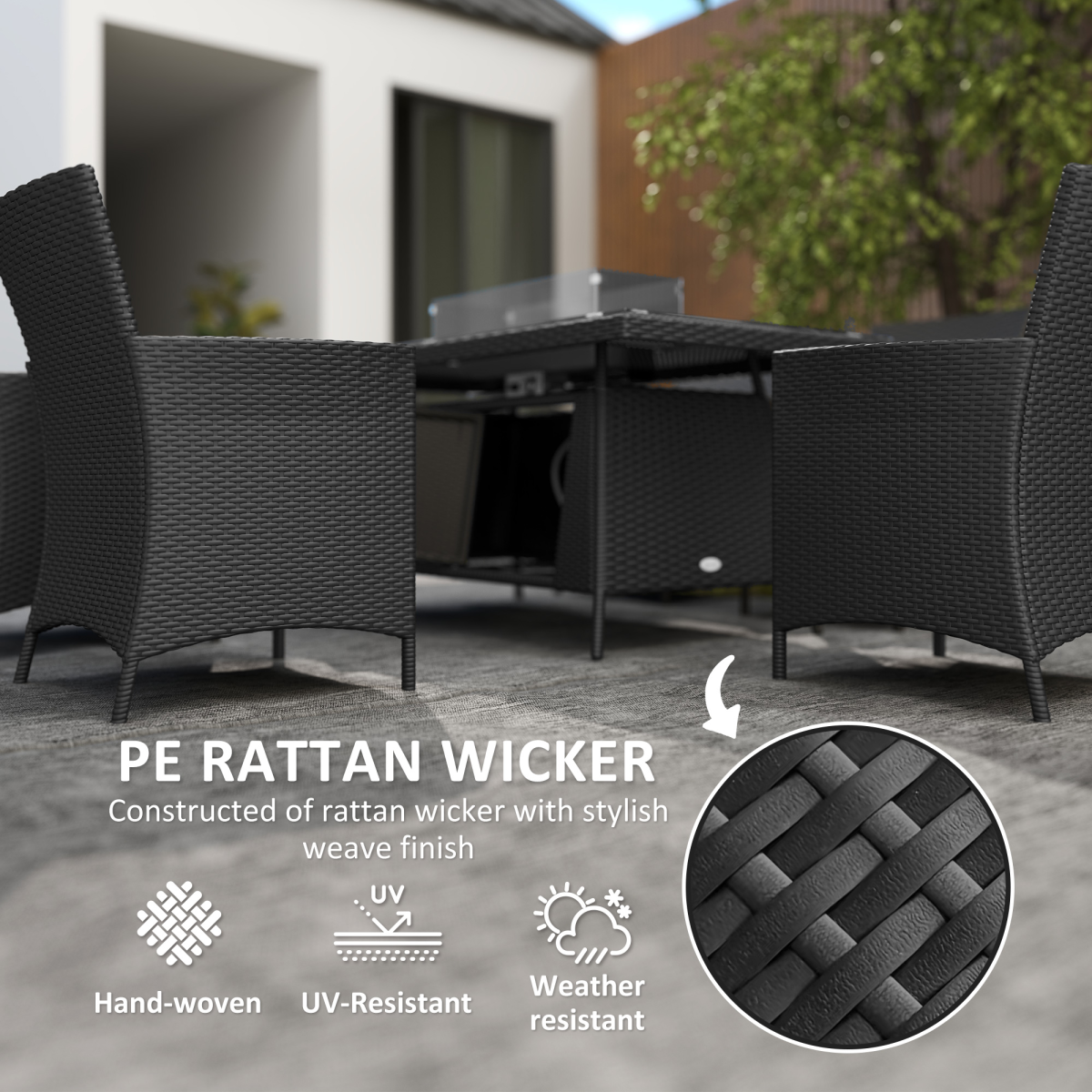 Outsunny Rattan Dining Set with Fire Pit Table and Armchairs, Black