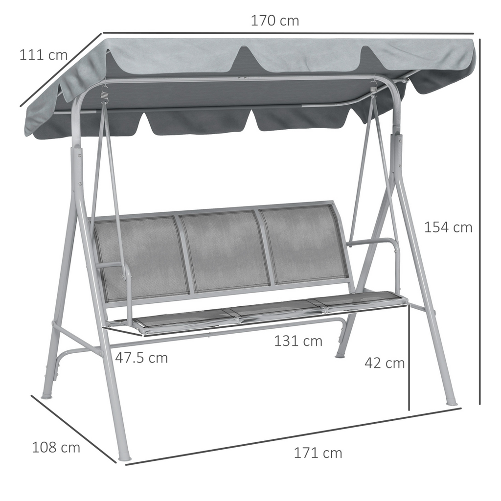 Outsunny Metal Swing Chair Garden Hammock 3 Seater Patio Bench with Canopy, Grey