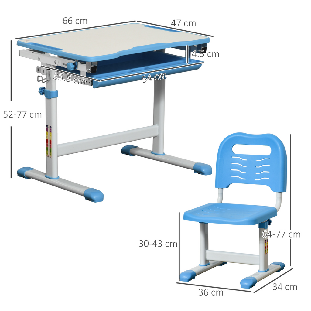 Kids Desk and Chair Set Adjustable Tiltable with Drawer Pen Slot Hook