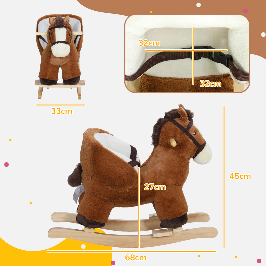AIYAPLAY Kids Rocking Horse with Sound, Safety Belt - Brown