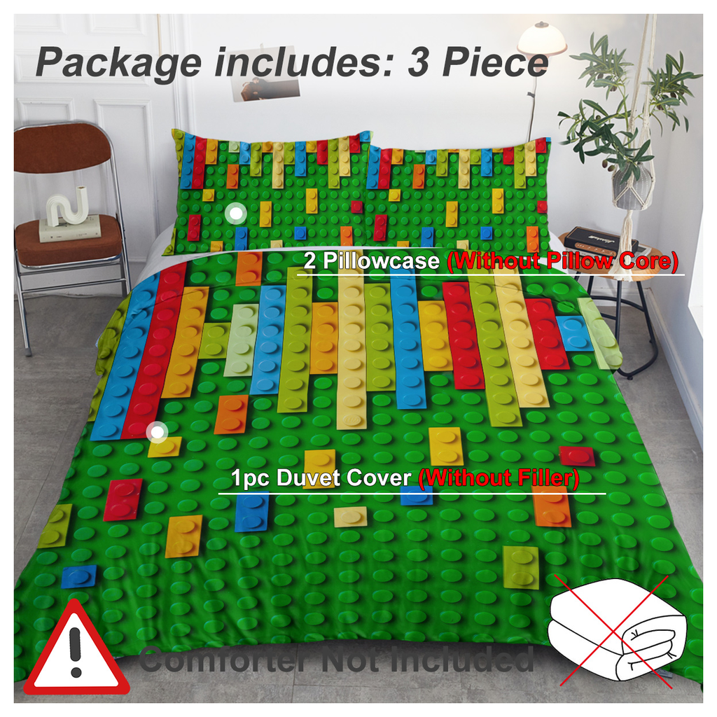 Green Blocks Duvet Cover Set Double 3pcs Colorful Microfiber Kids Bedding Set