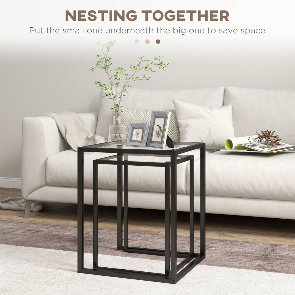 HOMCOM Nesting Tables Set of 2, End Table with Tempered Glass Top, Black