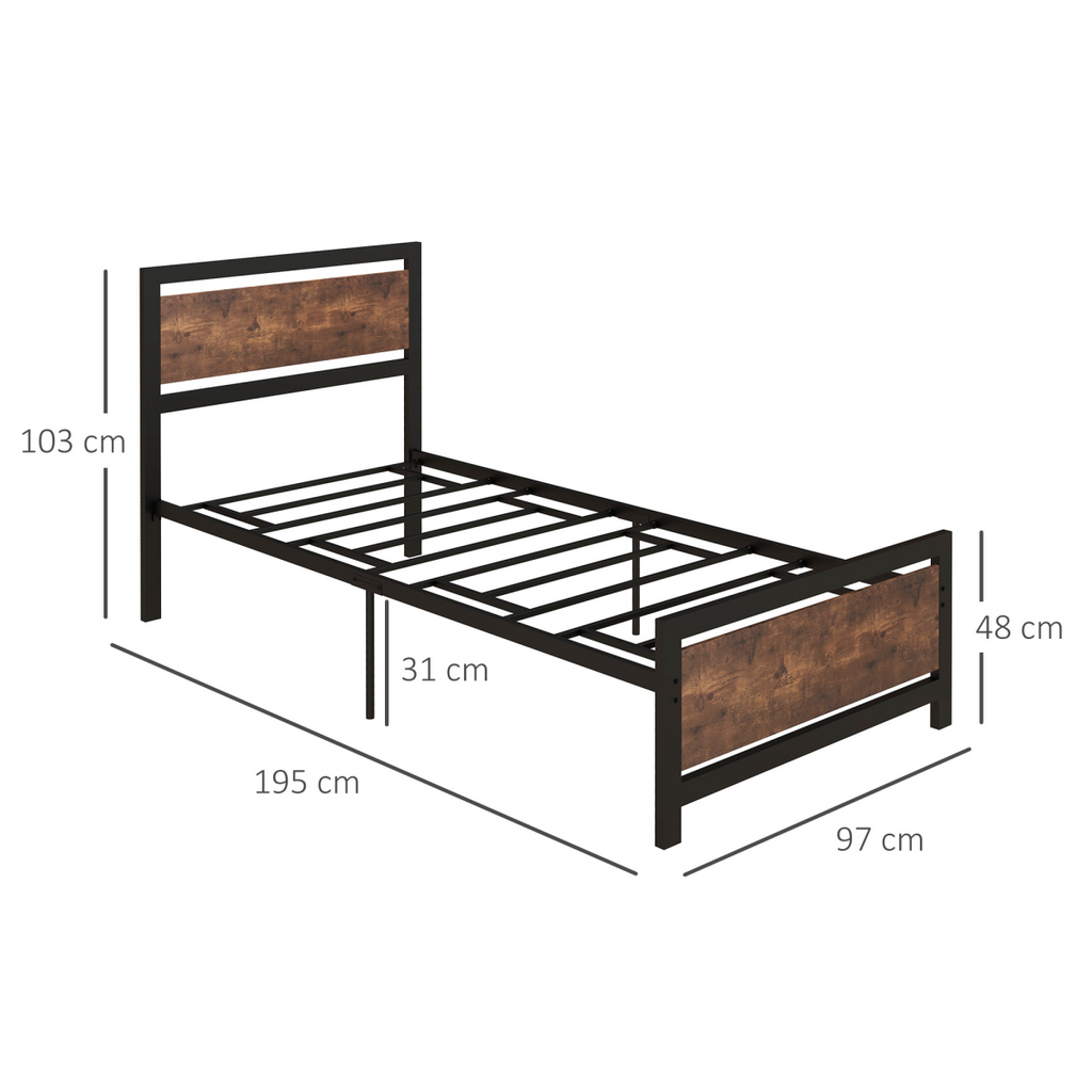 HOMCOM Single Size Metal Bed Frame with Headboard & Footboard, 97x195x103cm