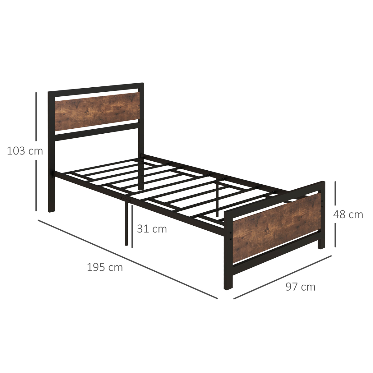 HOMCOM Single Size Metal Bed Frame with Headboard & Footboard, 97x195x103cm