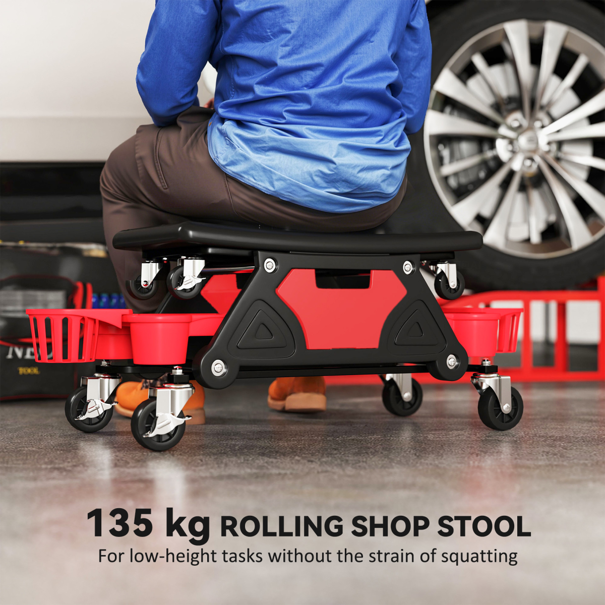 HOMCOM Rolling Mechanic Stool, 135kg Capacity Workshop Stool, Red