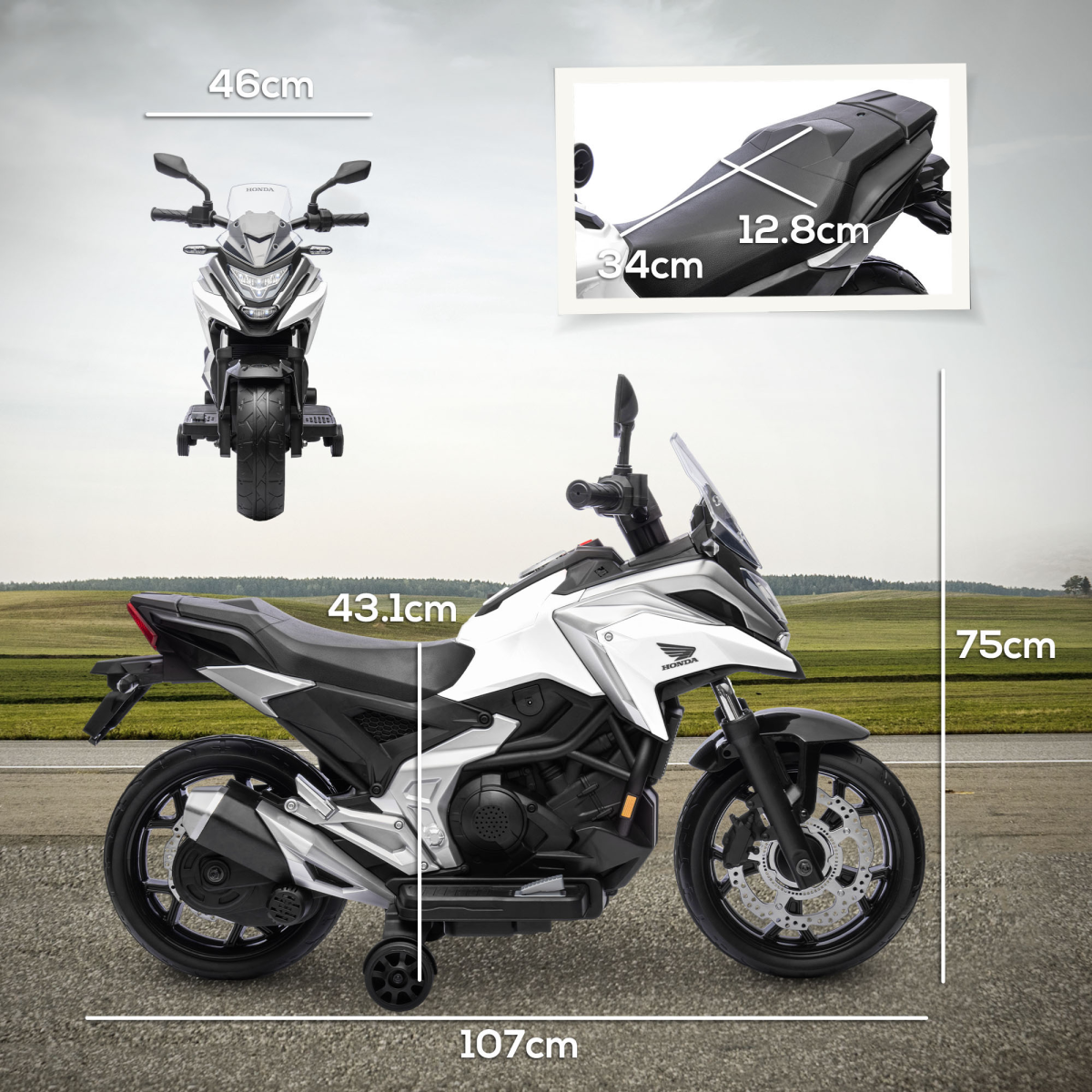 AIYAPLAY Honda Licensed 12V Kids Electric Motorbike with Music Headlights - White