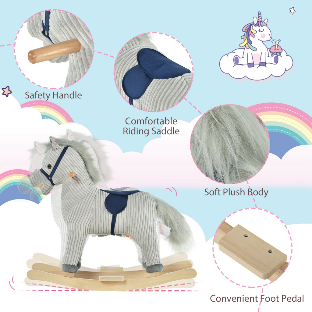 Grey Corduroy Sound-Effect Rocking Horse – Ages 3–6