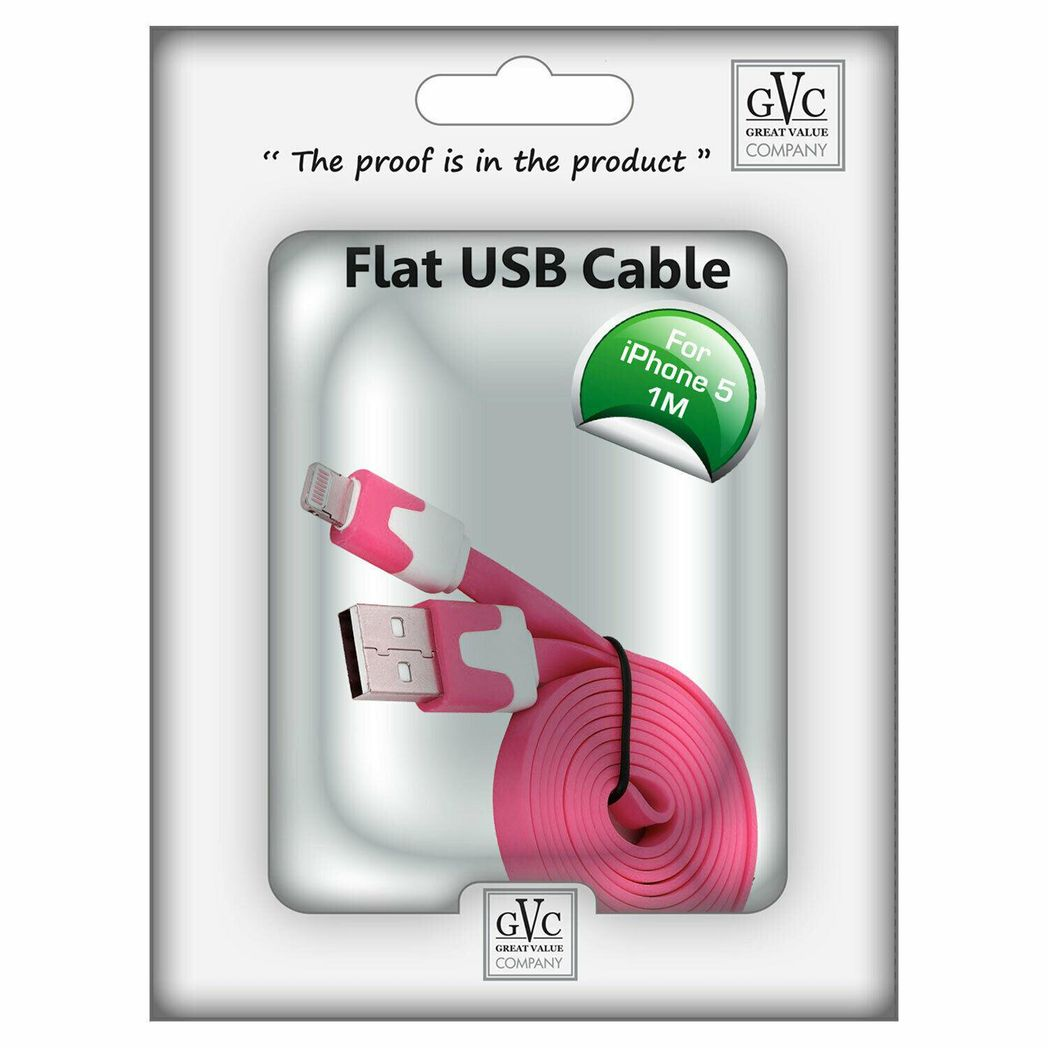 GVC 1 Metre Tangle Free Flat USB to 8 Pin Cable for Syncing & Charging, Pink