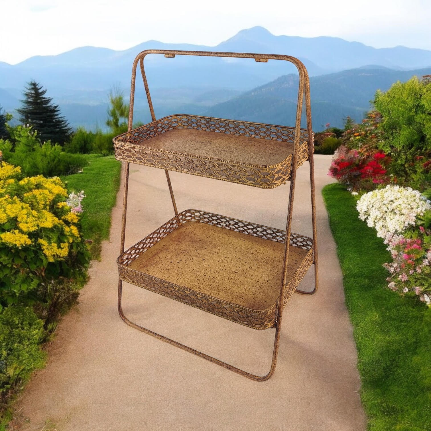 AcaciaHome Rusty 2-Tier 59cm Rectangular Metal Cake & Plant Stand