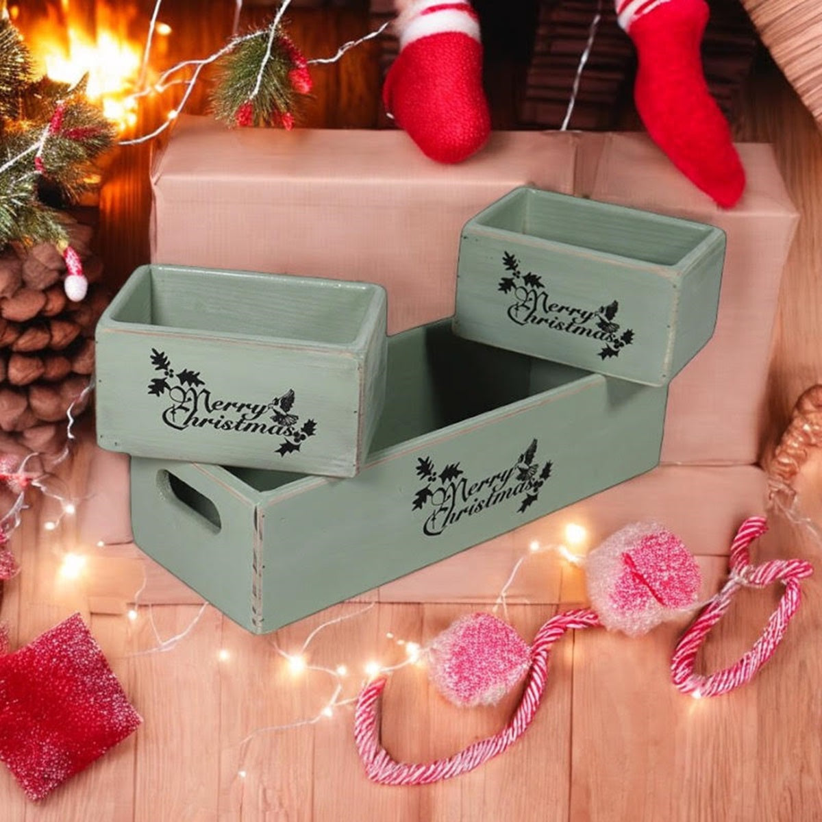 AcaciaHome Stylish and Vintage Wooden Merry Christmas Storage Crate Set (Light Green)