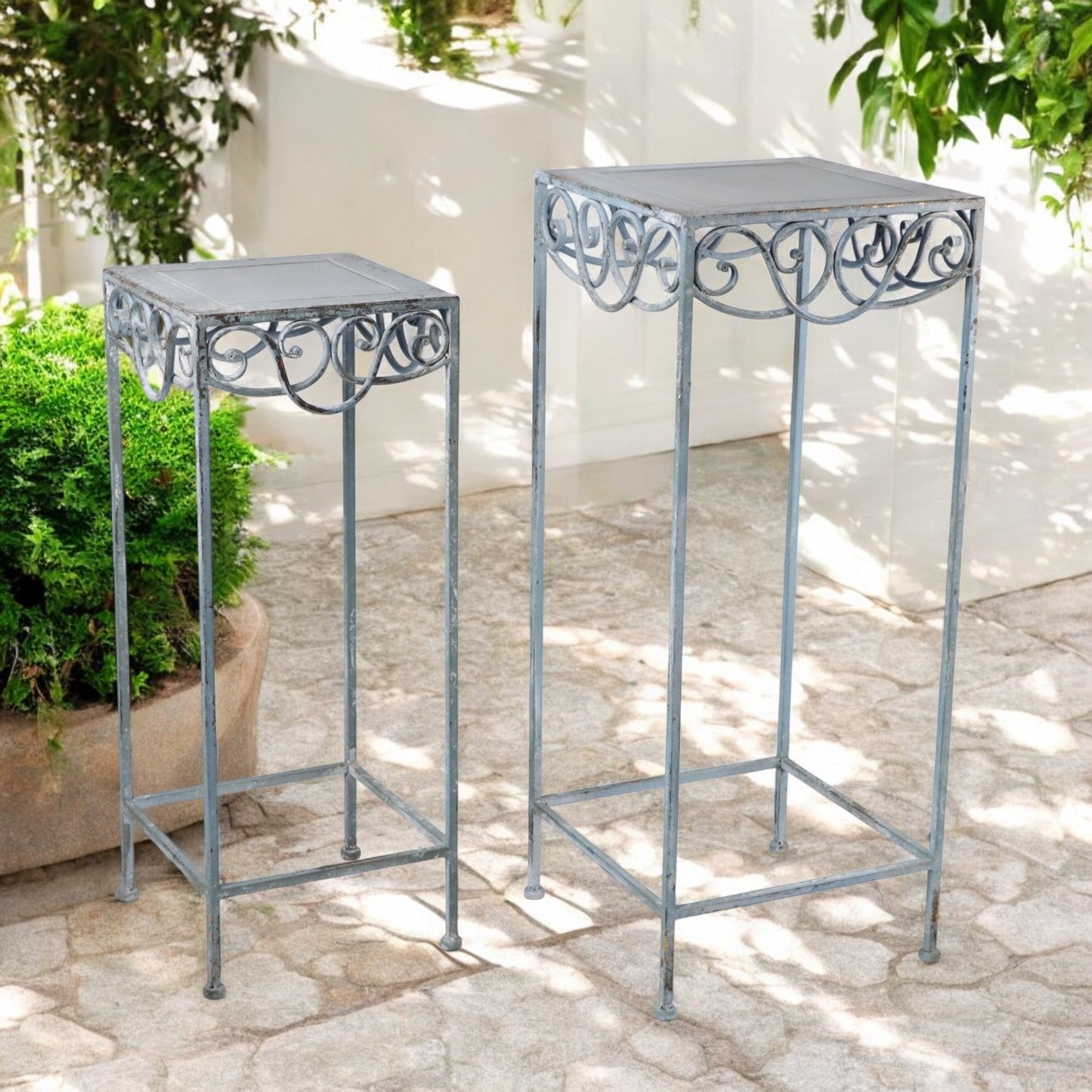 AcaciaHome Durable Blue & Gold Square Plant Pot Table Set of 2