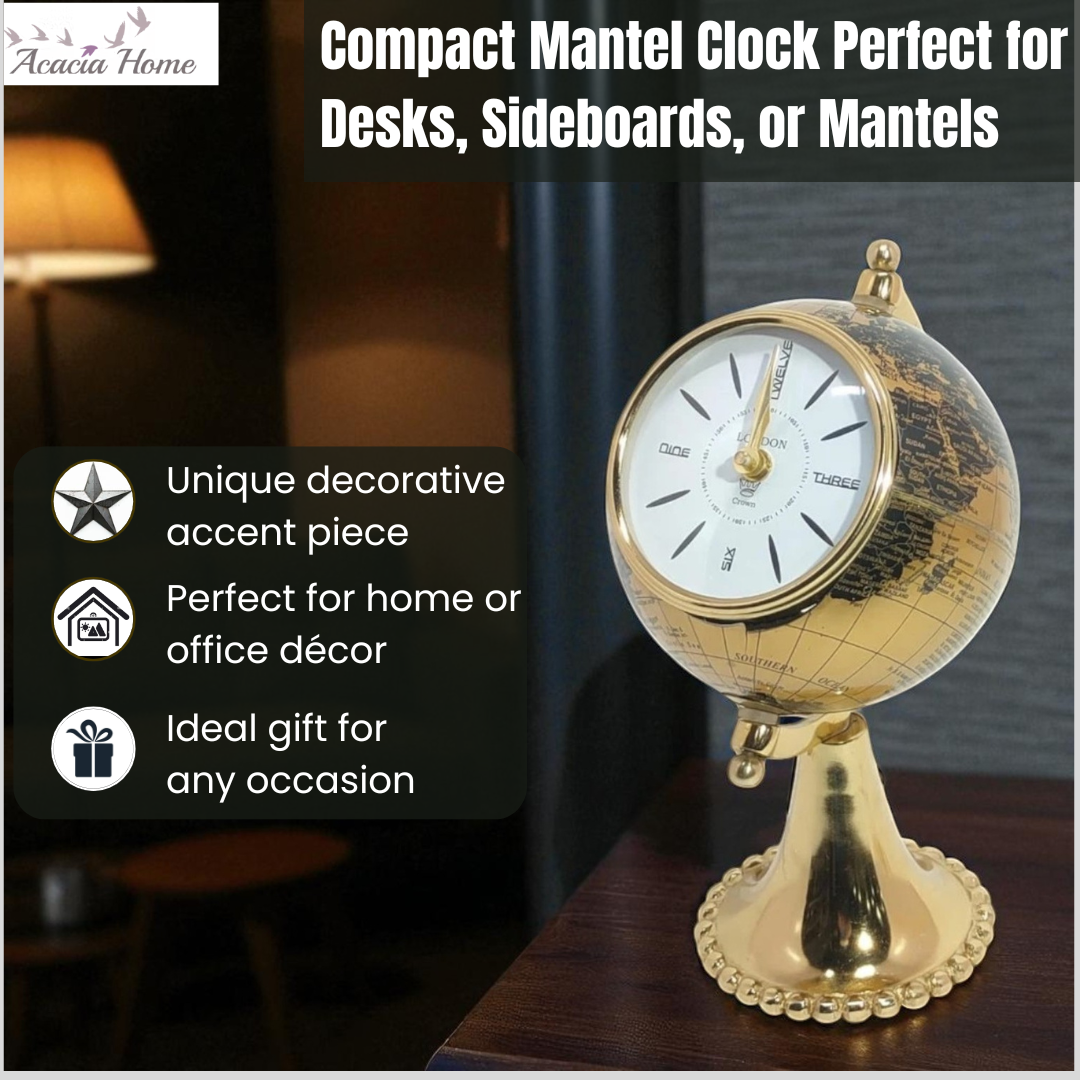 AcaciaHome Black Gold Globe Mantel Clock
