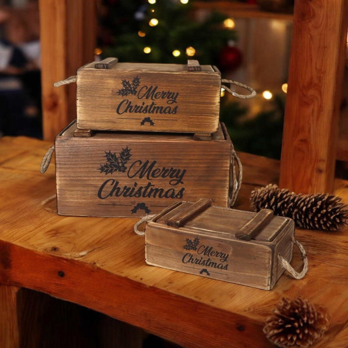 AcaciaHome Stylish and Vintage Wooden Merry Christmas Storage Crate Set (Brown)
