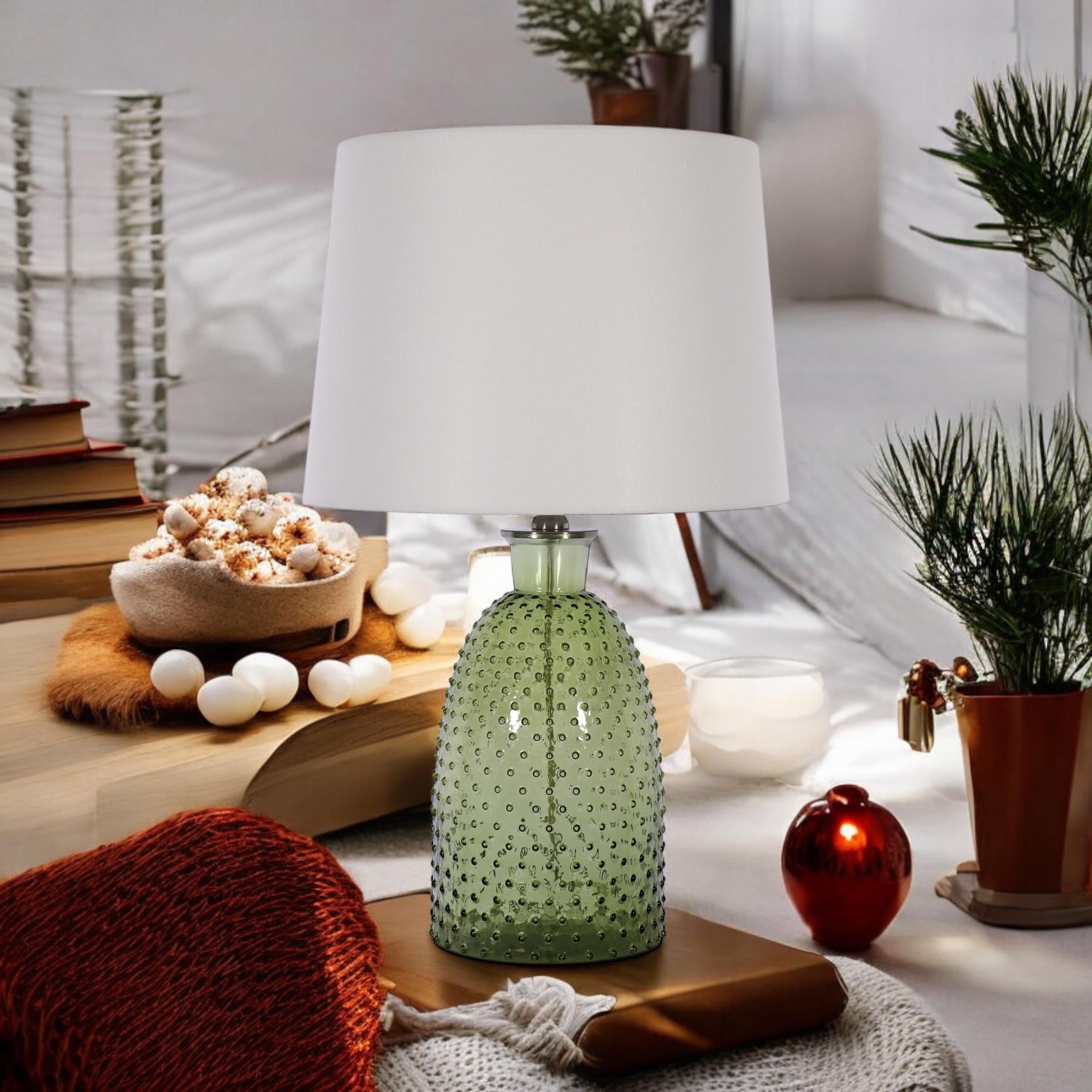 AcaciaHome Cream Ceramic Table Lamp with Drum Shade (Leaf Vase - 63cm Shade)