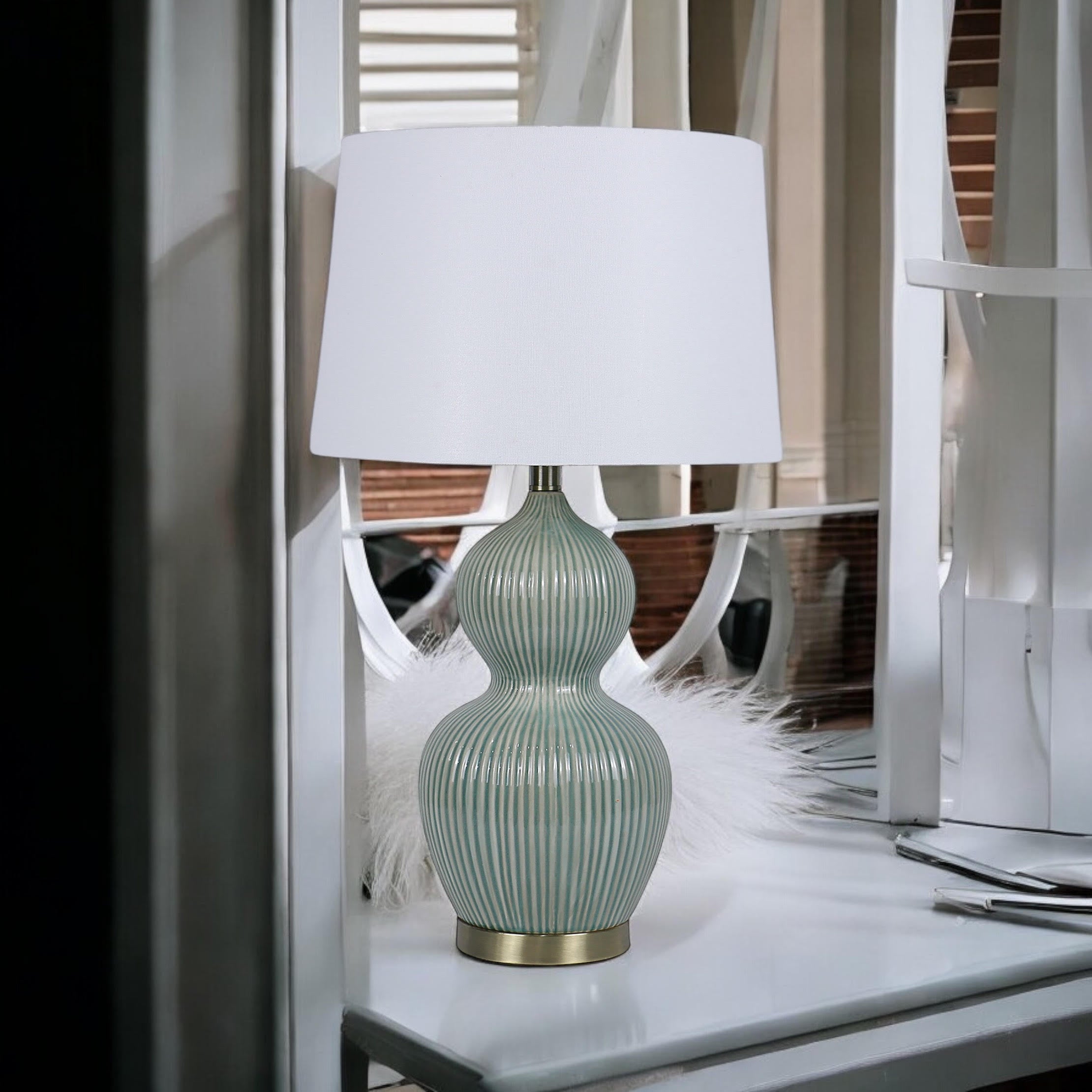 Cream Ceramic Table Lamp with Drum Shade (3 Layer - with 59cm Shade)