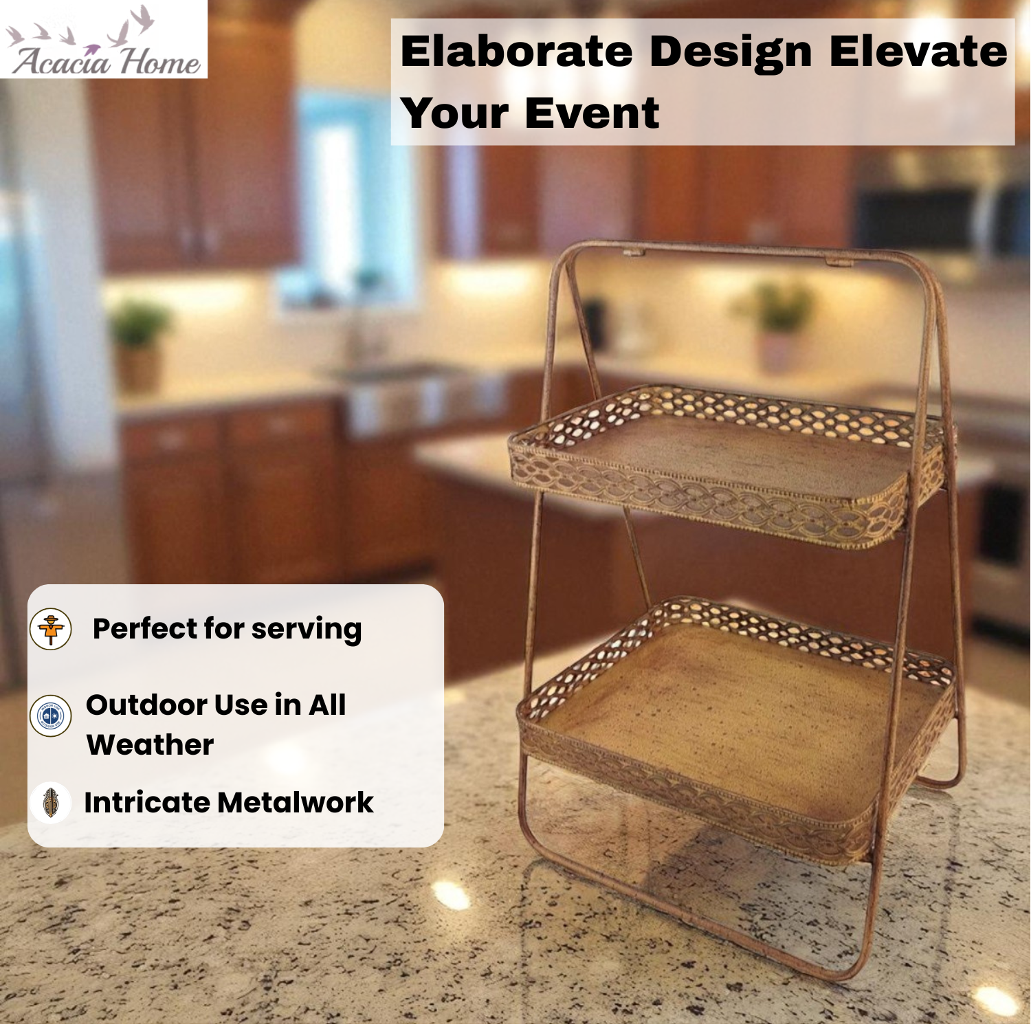 AcaciaHome Rusty 2-Tier 59cm Rectangular Metal Cake & Plant Stand