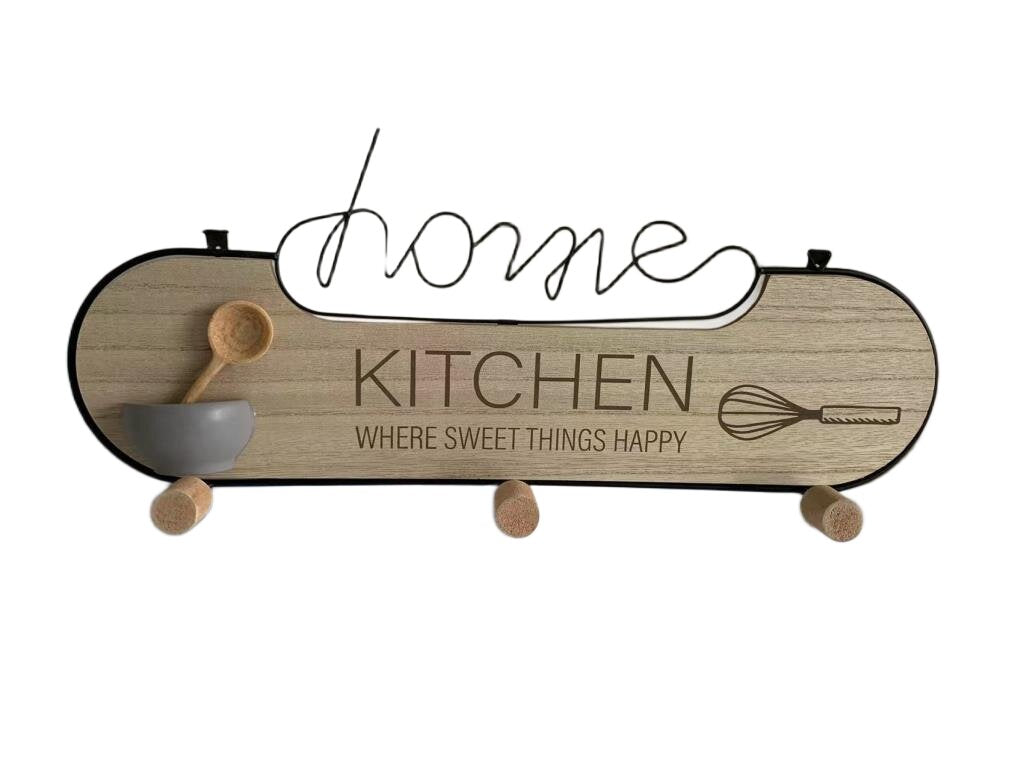 AcaciaHome Durable & Modern Wall Mounted Wooden Kitchen Shelf with 3 Iron Hooks