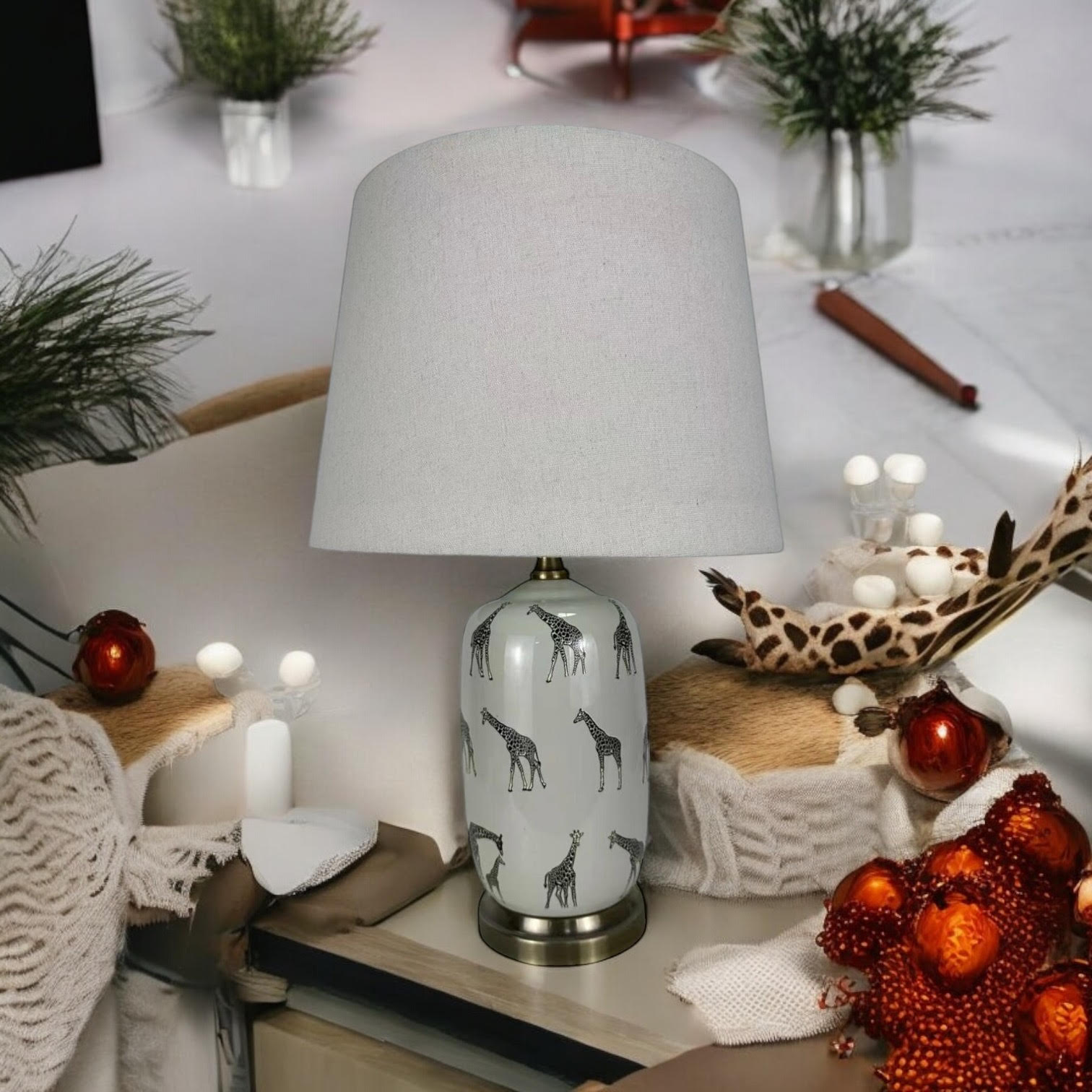AcaciaHome Oriental Design Large Floral Ceramic Table Lamp with Drum Shade