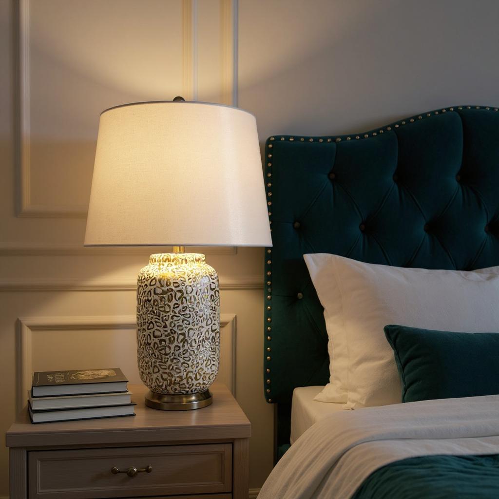 Cream Ceramic Table Lamp with Drum Shade (Leopard Vase - 63cm Shade)