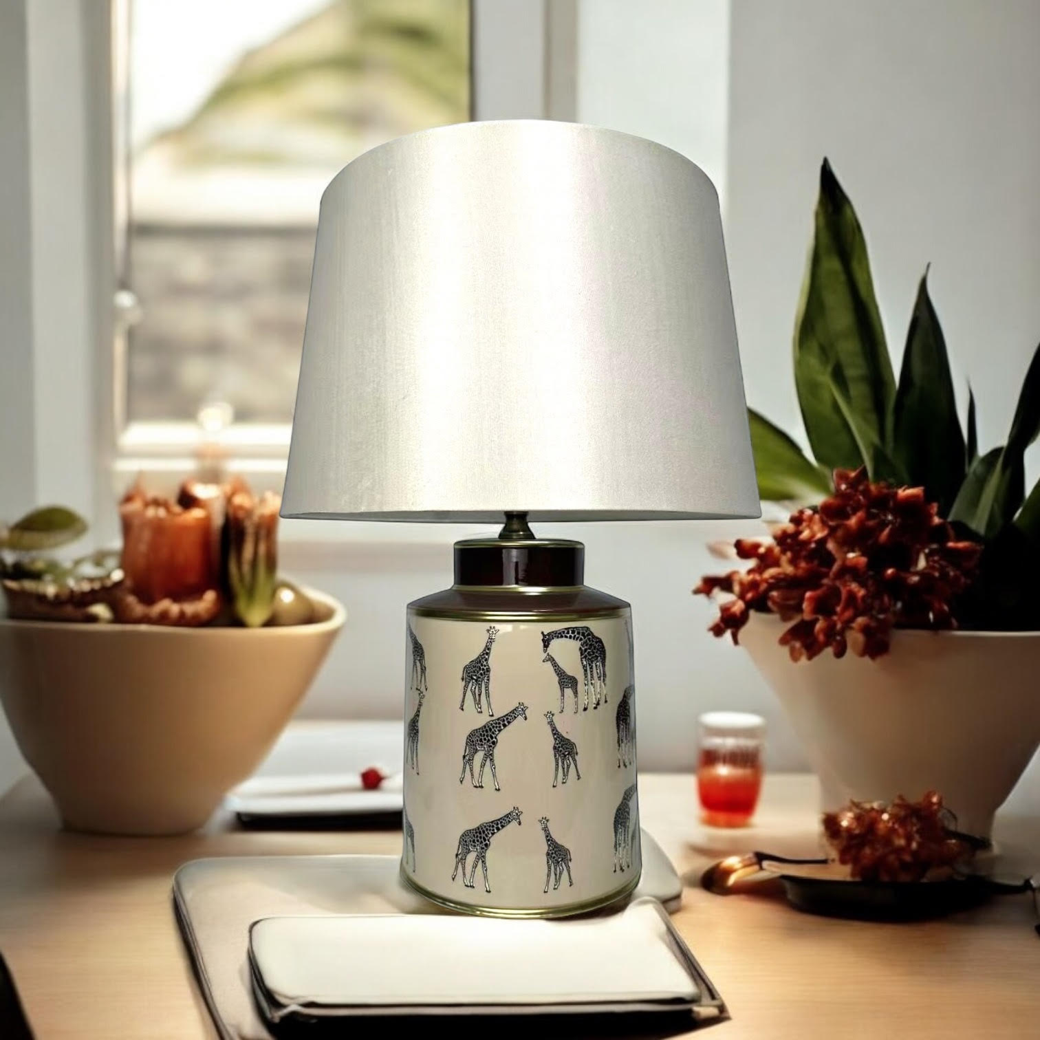 AcaciaHome Oriental Design Large Floral Ceramic Table Lamp with Drum Shade