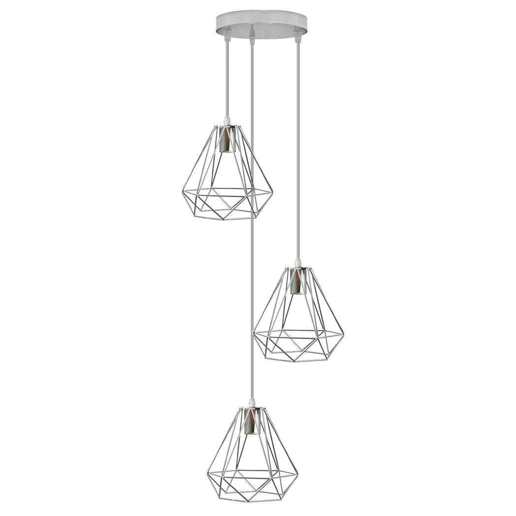 3 Head Round Base Chrome Vintage Metal 20cm Diamond Wire Cage E27 Base Ceiling