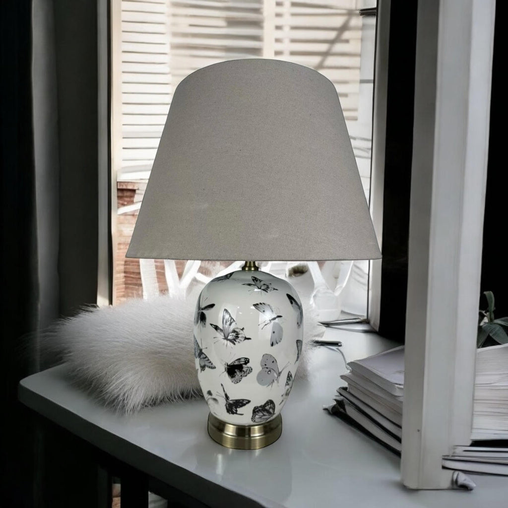 Oriental Design Large Floral Ceramic Table Lamp with Drum Shade (50cm Black White Butterfly)