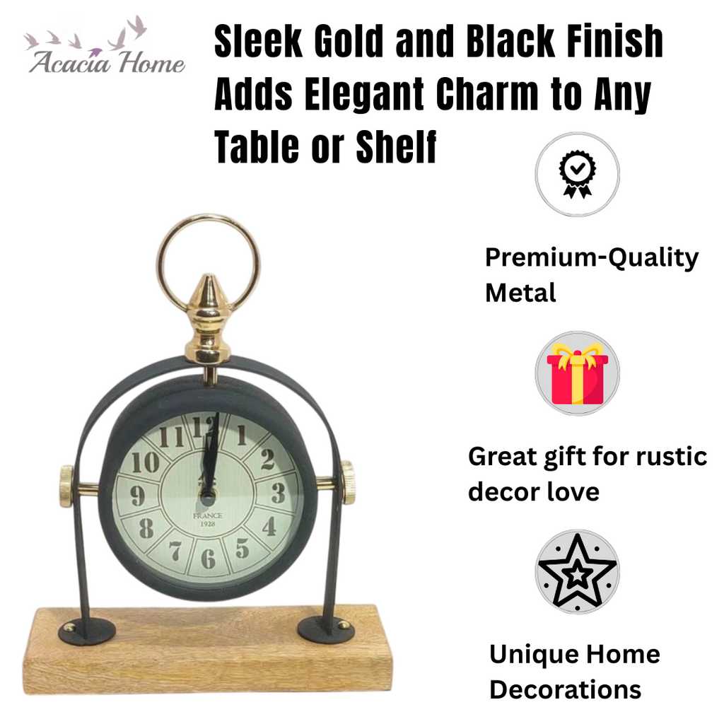 Silent Sweep Black Mantel Clock (23 cm – Arabic Numeral Dial)