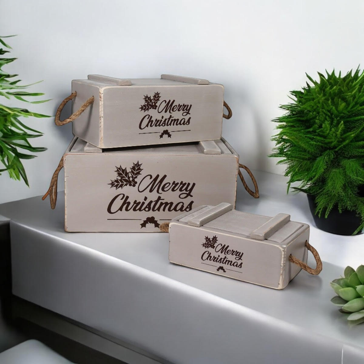 AcaciaHome Stylish and Vintage Wooden Merry Christmas Storage Crate Set (Light Grey)