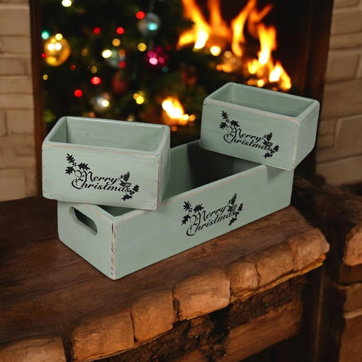 AcaciaHome Stylish and Vintage Wooden Merry Christmas Storage Crate Set (Light Green)