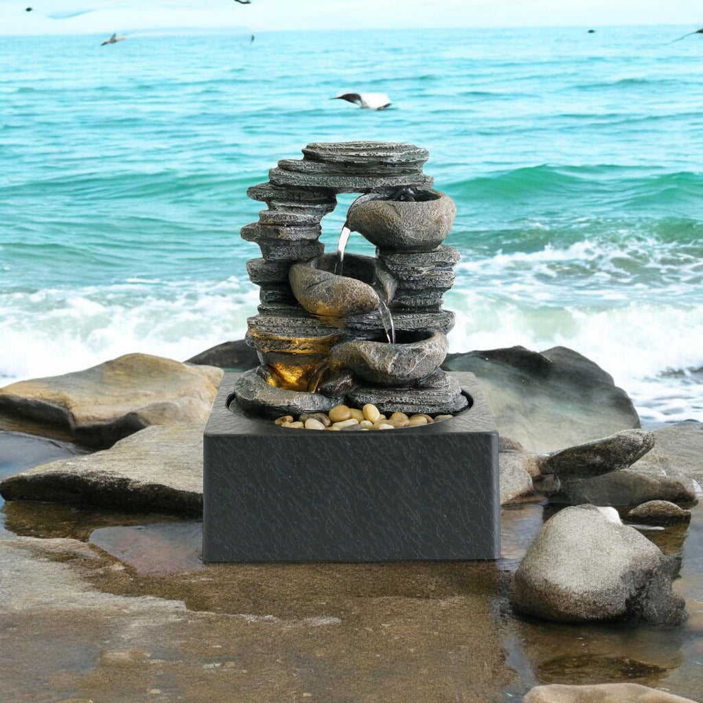 Water Feature Indoor Outdoor LED Fountain (Round Grey Waterfall)