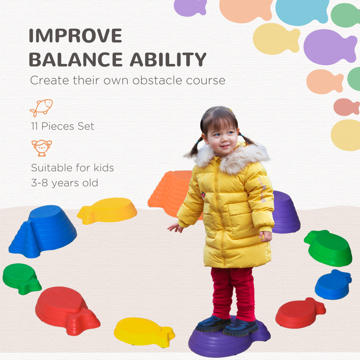 11-Piece Fish Shaped Balance Stepping Stones for Kids - Multicoloured
