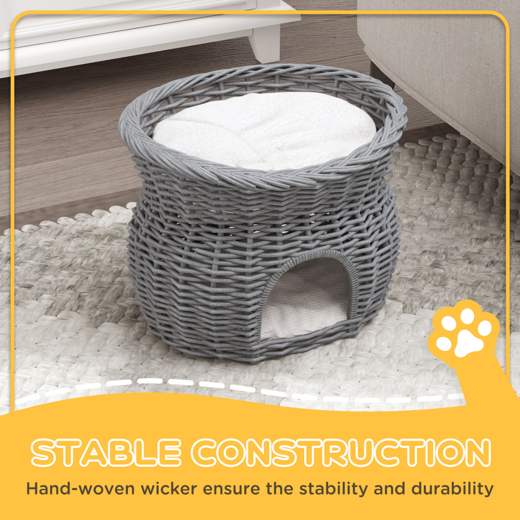 PawHut 2-Tier Elevated Pet Cushion Bed Basket Willow Cat Tree House Condo Kennel
