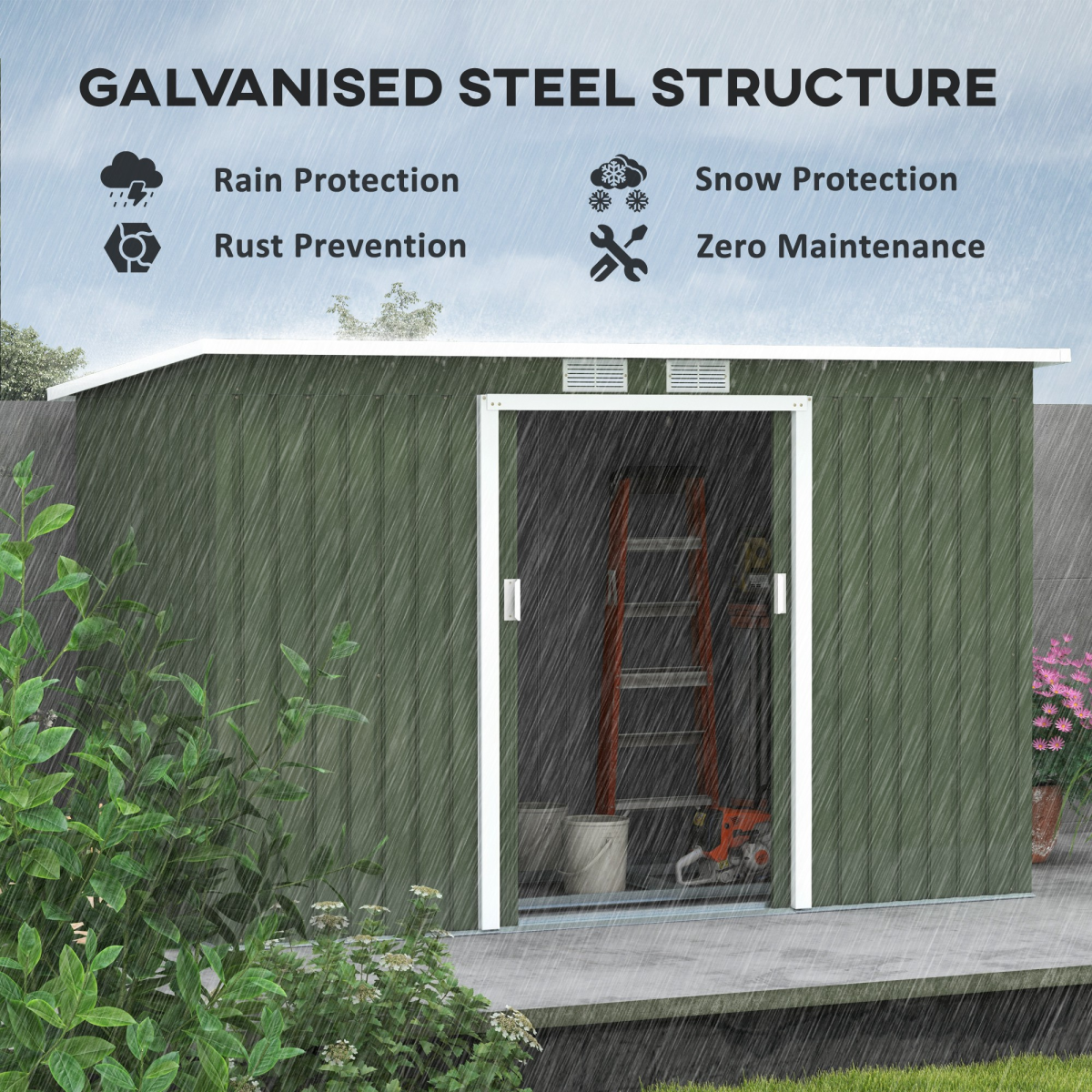 9ft x 4.25ft Corrugated Metal Shed  with Foundation Vent Doors Green