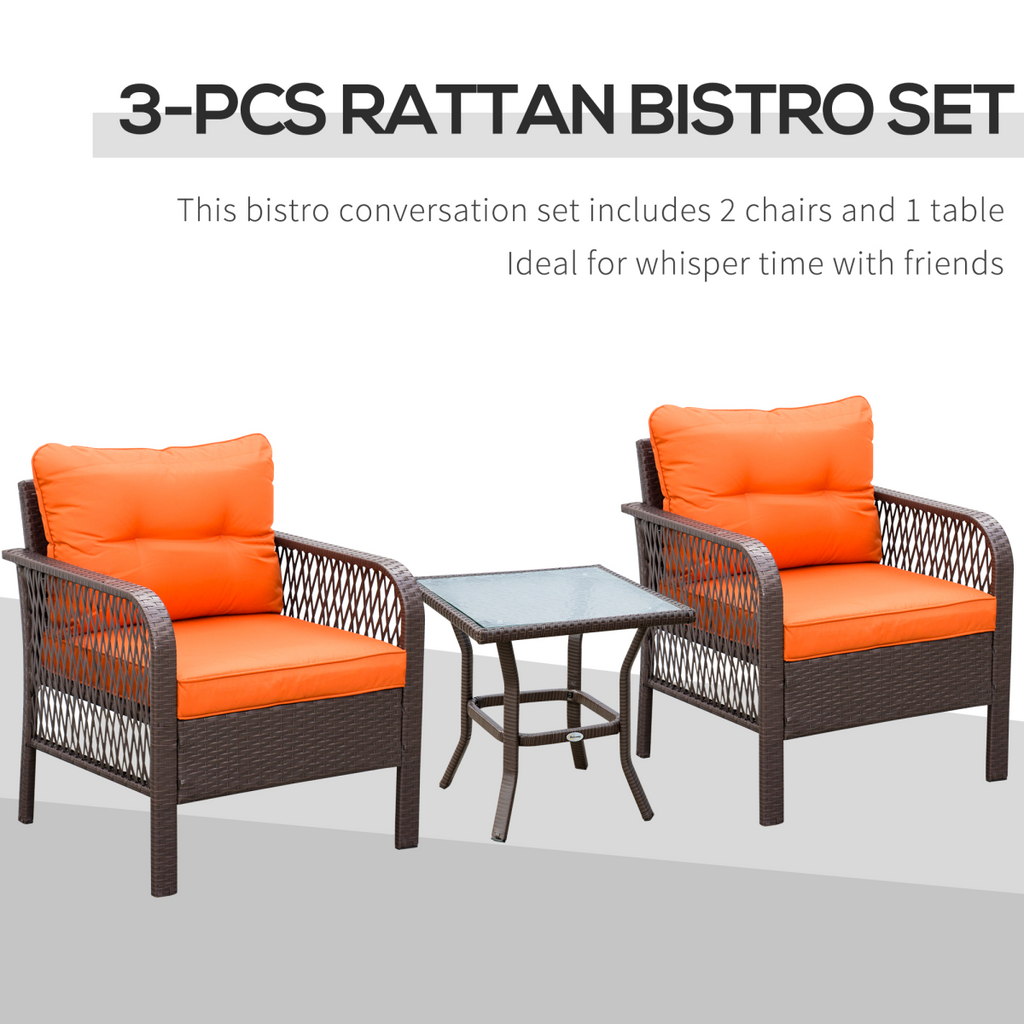 3 Pieces Patio Rattan Bistro Set with Tempered Glass Table Orange