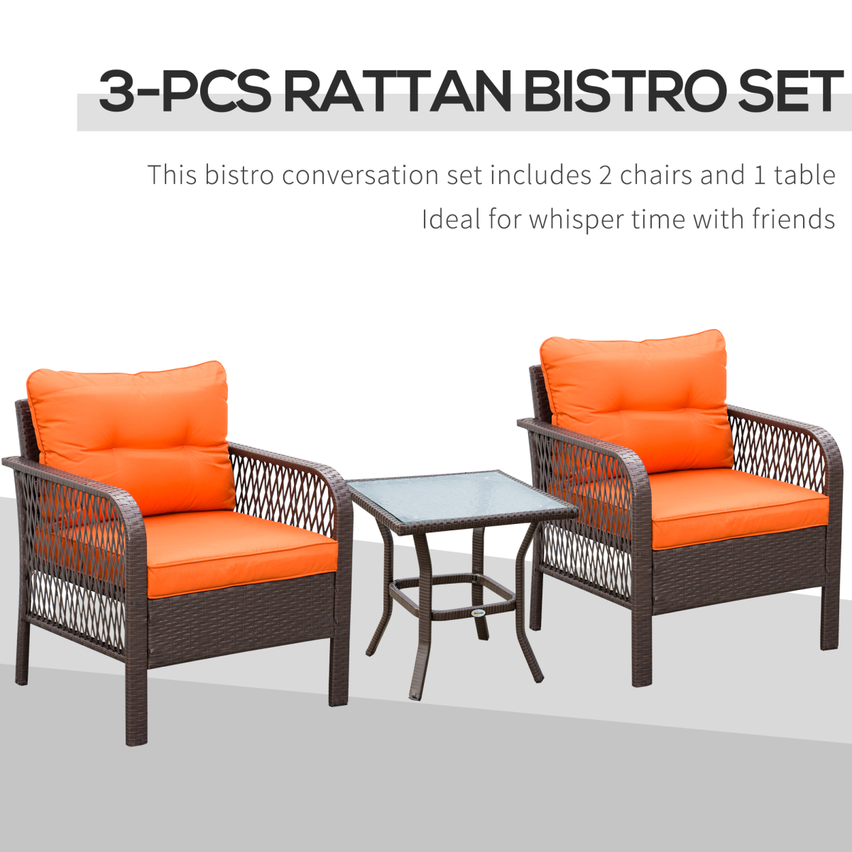 3 Pieces Patio Rattan Bistro Set with Tempered Glass Table Orange