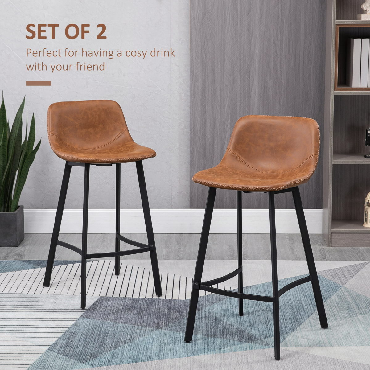 HOMCOM Industrial Bar Stools Set of 2, Bar Chairs with Steel Legs, Brown