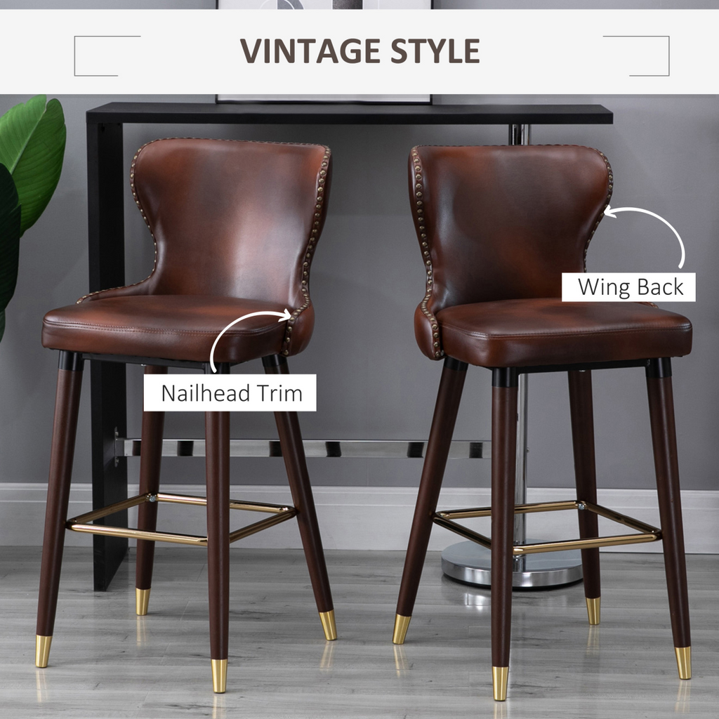 2 Pieces Home Luxury Bar Chair Stool, PU Leather European Style, Brown