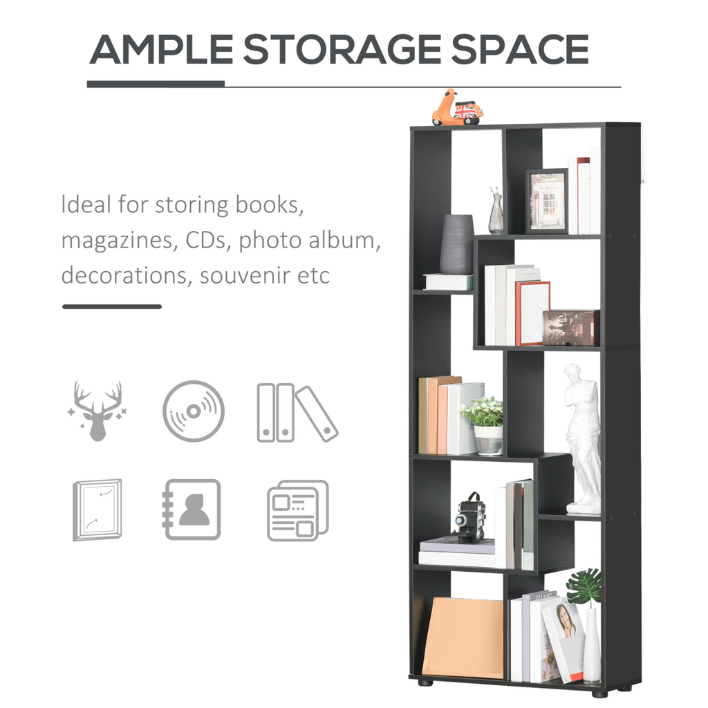 178cm 8-Shelf Bookcase w/ Melamine Surface Foot Pads Black Multipurpose 8-Grid