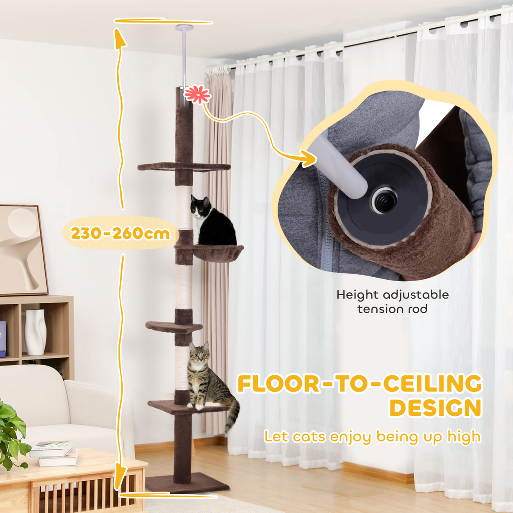Floor to Ceiling Cat Tree for Indoor Cats 5-Tier Kitty Tower Brown