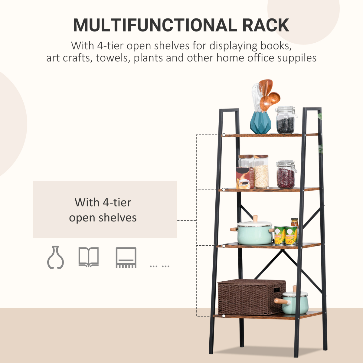 4-Tier Minimalistic Ladder Shelf Unit Steel Frame Home Display Storage