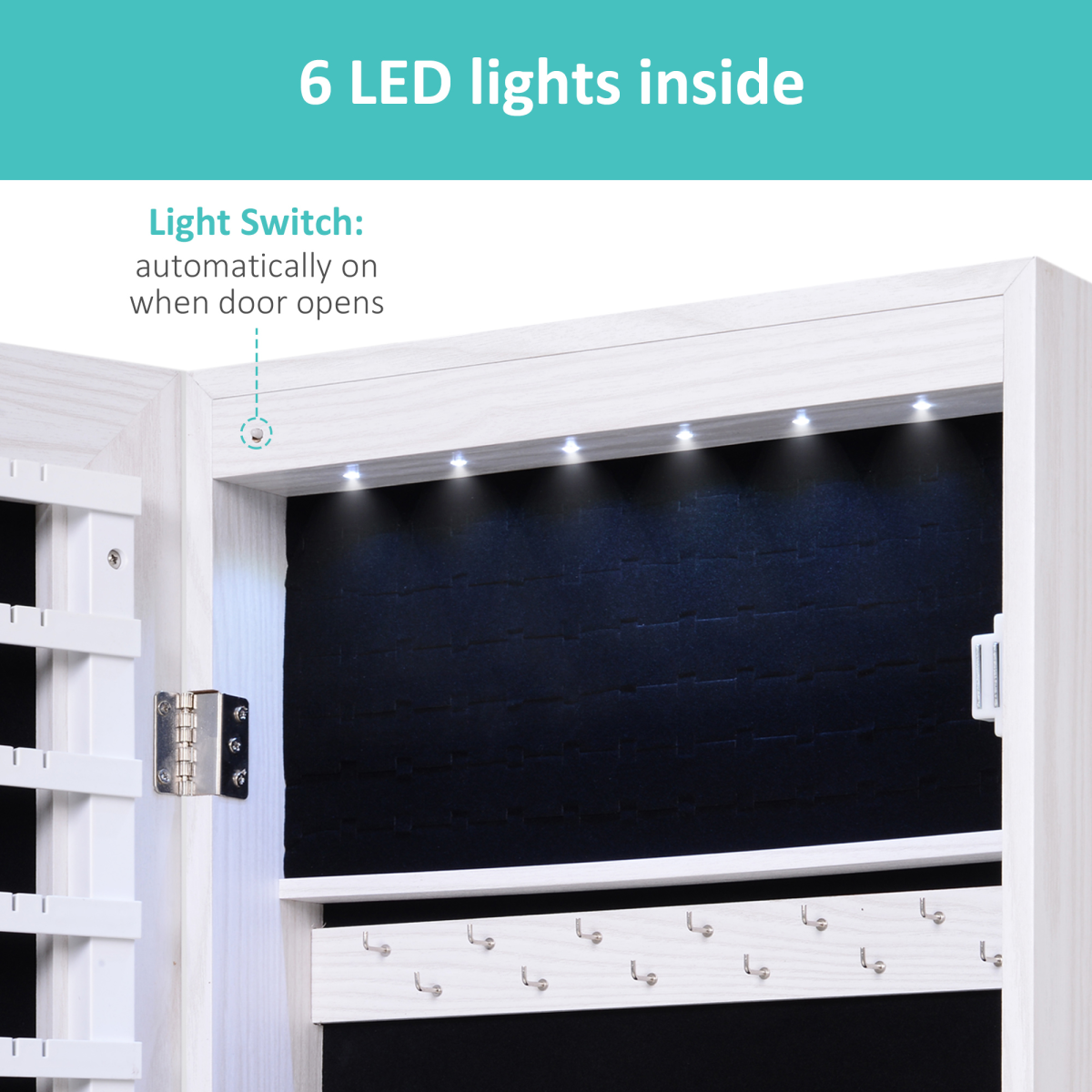 Hanging Mirrored Jewel Storage Cabinet Organiser Lockable w/6 LED White