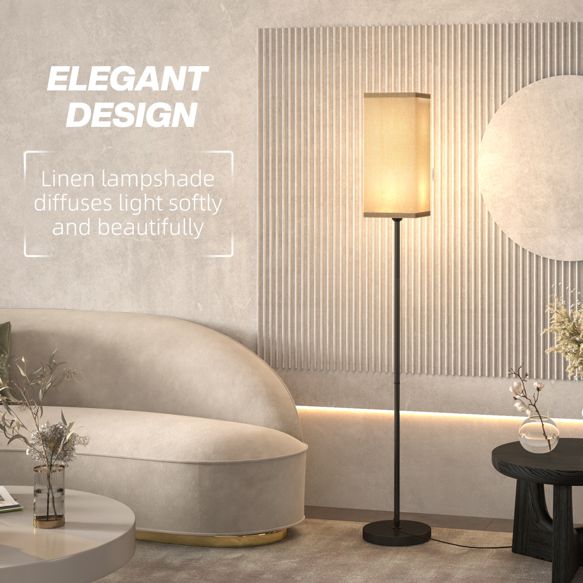 HOMCOM Standing Floor Lamp with Linen Shade for Living Room, Bedroom, Black