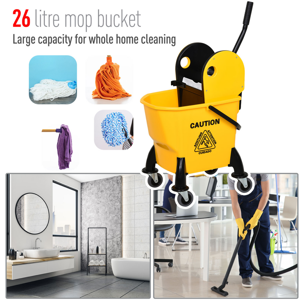 26L Mop Bucket & Water Wringer Wheels Plastic Body Metal Handle Yellow